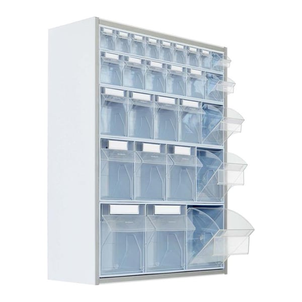 Armadietto portamedicinali a parete: con 27 contenitori trasparenti basculanti